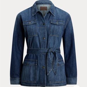 RALPH LAUREN Belted Denim Field Jean Jacket Pockets Collared Marina Wash
